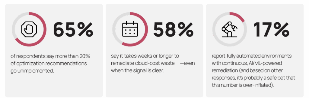 When asked about their FinOps maturity, the results aren't matching the rhetoric.

65% say over 20% of optimization recommendations go unimplemented. 

58% take weeks or longer to remediate known cloud waste. 

Only 17% report having fully automated, AI/ML-powered environments.

