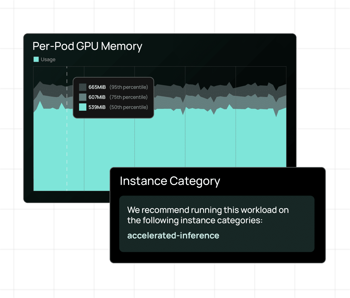 Image of StormForge recommending a specific instance category for a workload based on per-pod GPU usage.