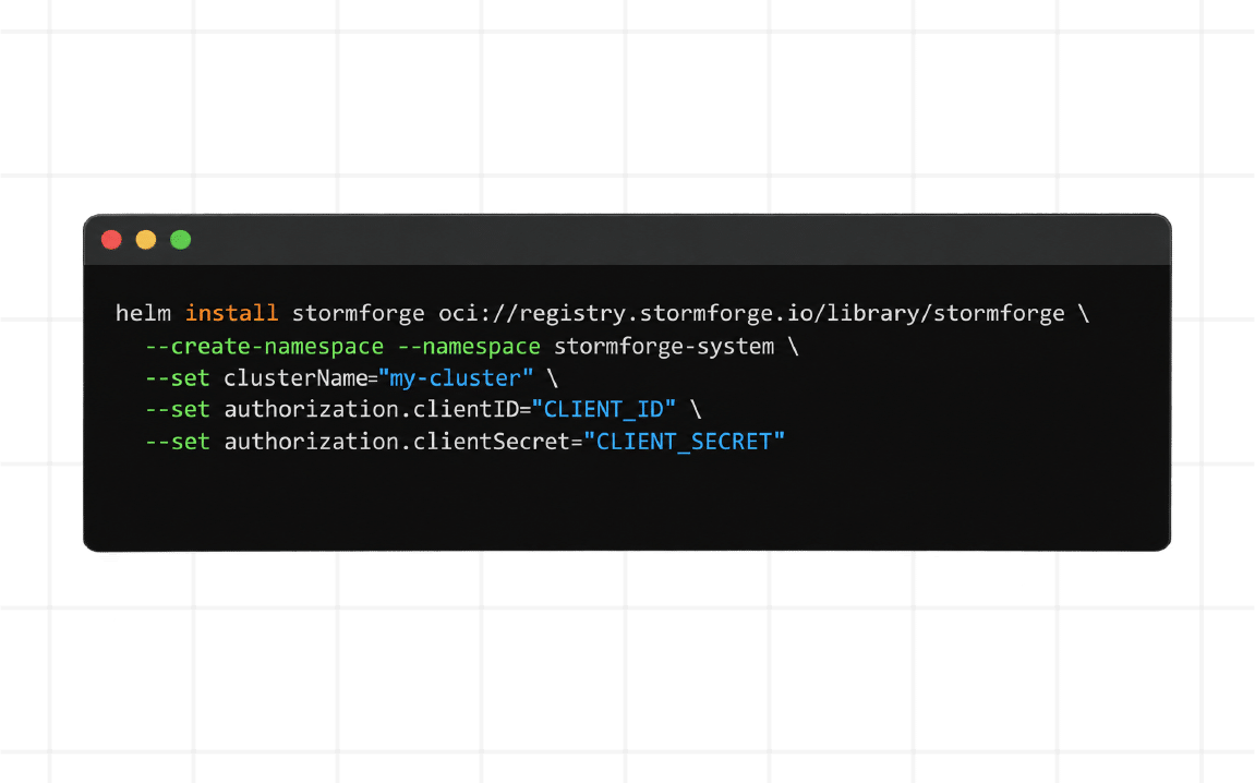 Image of a CLI showing the simple Helm command needed to install StormForge