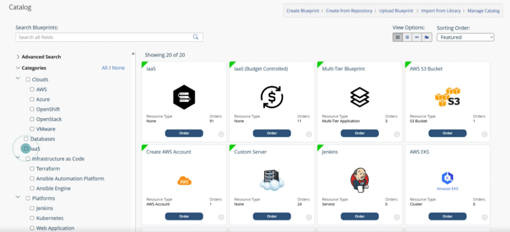 CloudBolt service catalog showing blueprints organized by archetype category across cloud providers, infrastructure-as-code frameworks, and deployment tools.