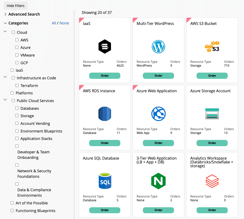 CloudBolt's service catalog shows 37 blueprints organized across Cloud, Infrastructure as Code, Public Cloud Services, and onboarding workflows. 
