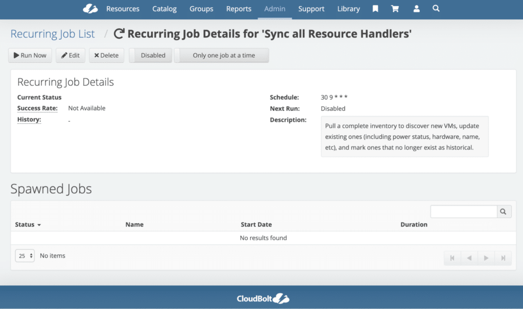 Job history details for a recurring job on CloudBolt (Source)