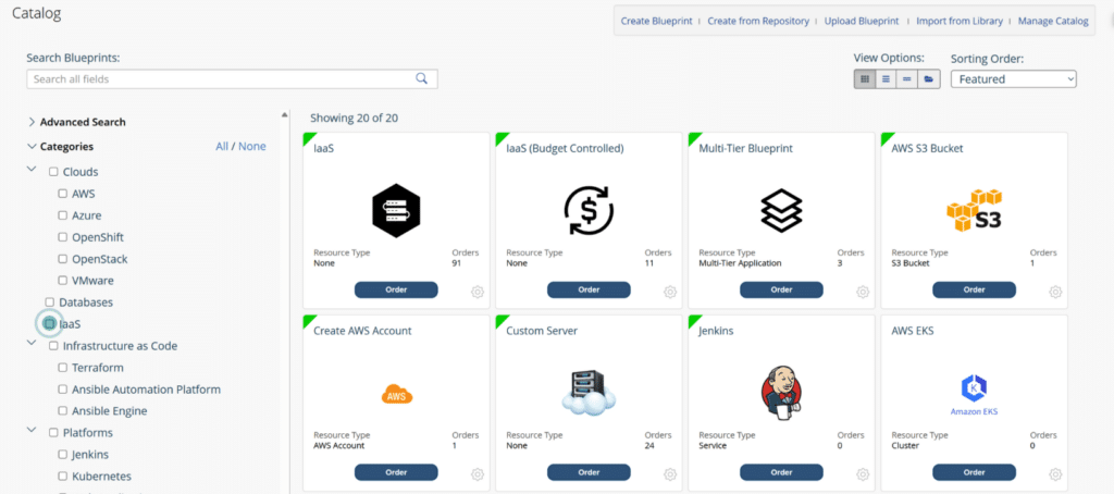 CloudBolt service catalog showing blueprints organized by archetype category across Cloud providers, Infrastructure-as-Code frameworks, and deployment tools.