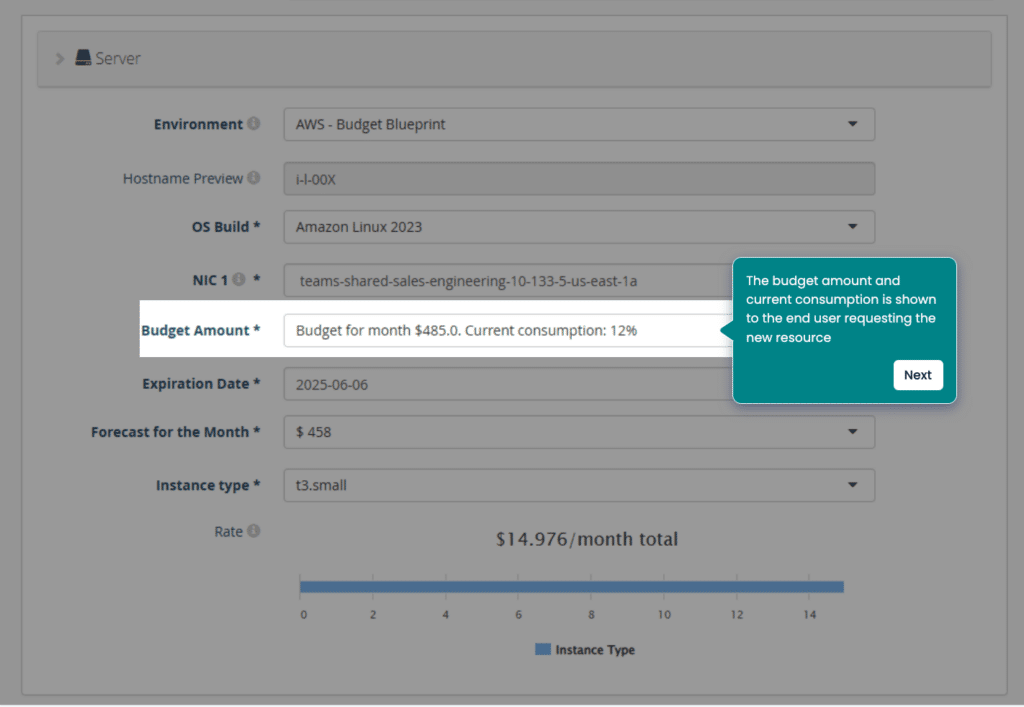 CloudBolt provisioning order form with budget integration (source)