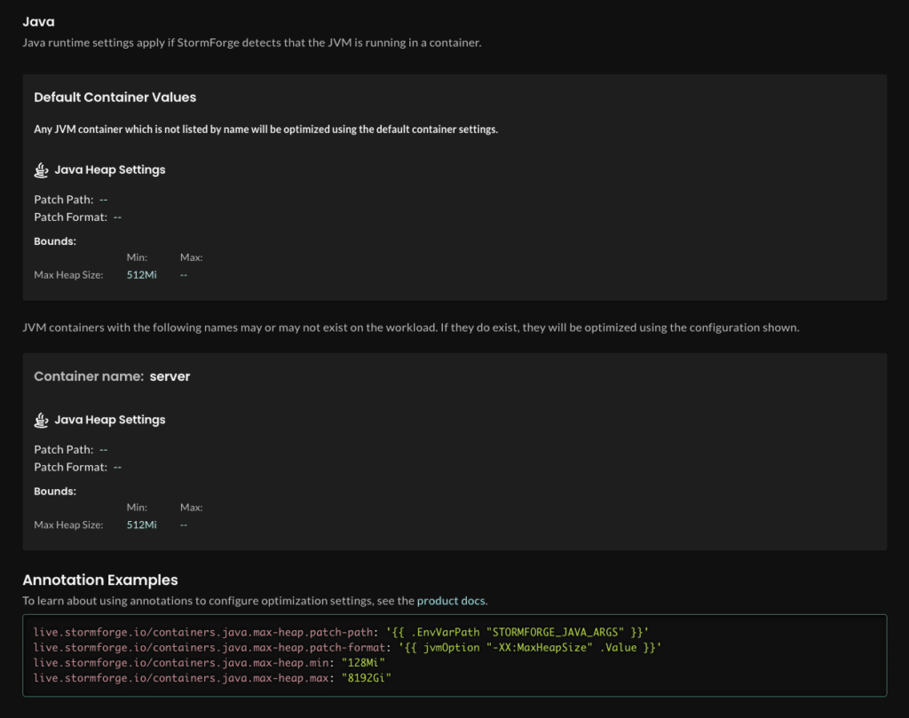 StormForge Java runtime recommendations for JVM containers and Java heap settings (source)