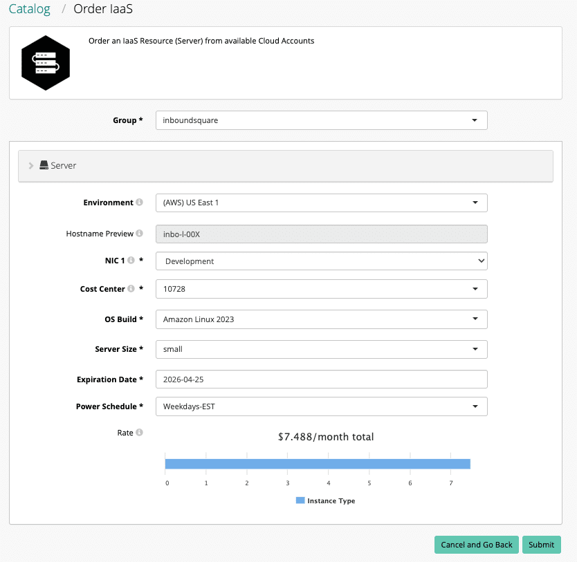 An example of CloudBolt’s Service Blueprint configuration, including the estimated monthly cost projection