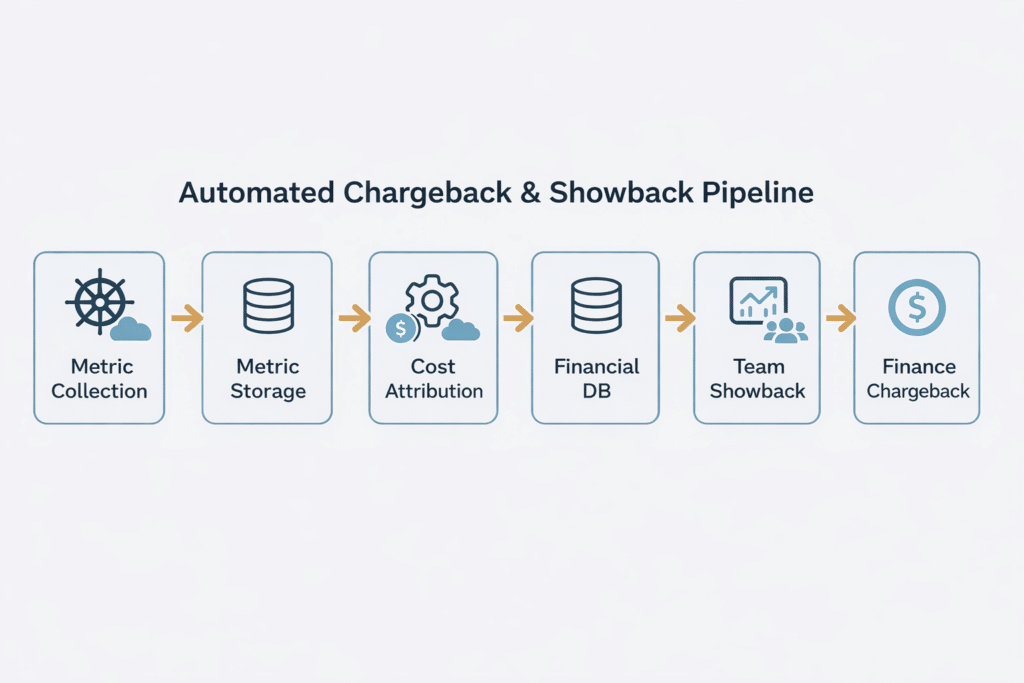The sequence of steps in the typical architecture of the automated chargeback and showback pipeline