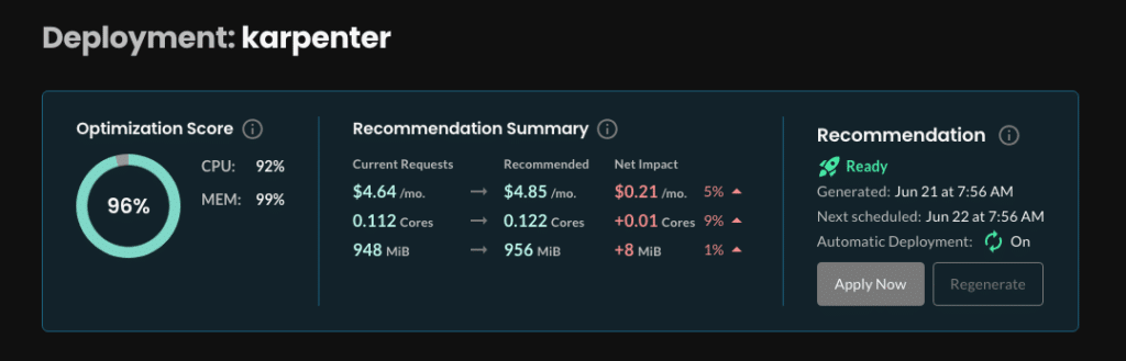 StormForge recommendations can be applied automatically and also directly from the GUI (source)