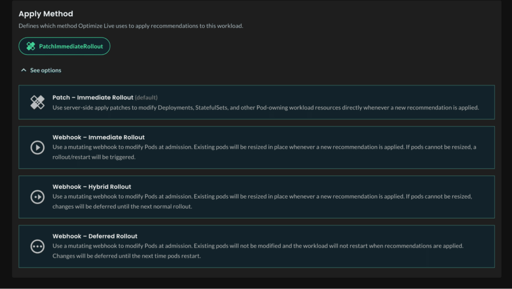 StormForge’s configurable apply settings for recommendations (source)