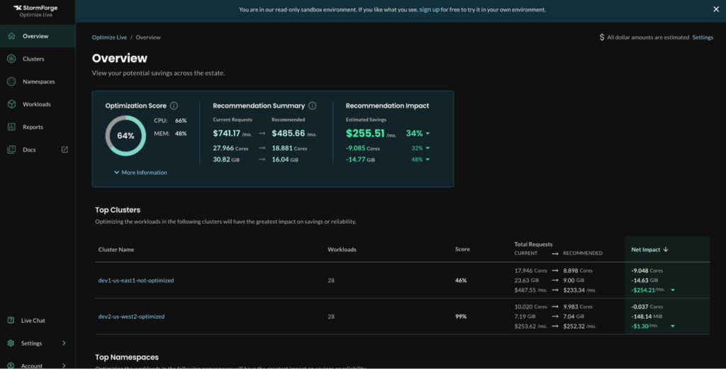 StormForge’s cost-saving Overview Dashboard